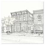 Pen illustration of a brick building