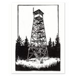 Relief print illustration of a Catskills firetower