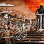 Mixed media illustration of a fantasy scene for a book recap podcast
